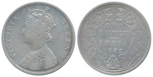 Victoria Queen, Silver Rupee, 1862, Bombay Mint, A / II / 0 / 11, (Prid 94). Fine+, Rare.