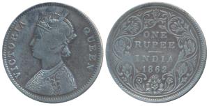 Victoria Queen, Silver Rupee, 1862, Bombay Mint, A / II / 0 / 12, (Prid 100). Fine+, Rare.