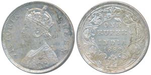 Victoria Queen, Silver Rupee, 1862, Bombay Mint, B / II, rev. crude style; scroll like flo