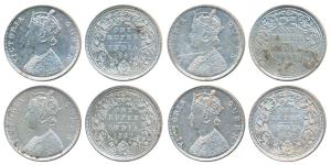 Victoria Queen, Silver Rupee (4), 1862, Bombay Mint, B / II, plain cones, elongated pearls