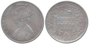 Victoria Queen, Silver Rupee, 1862, Bombay Mint, D / II, plain cones, this variety was str