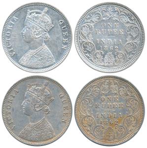 Victoria Queen, Silver Rupee (2), 1862, Calcutta Mint, A / I, with crescent, (Prid 66). Ve