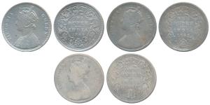 Victoria Queen, Silver Rupee, 1862, 3 different types of A II without dot, without pineapp