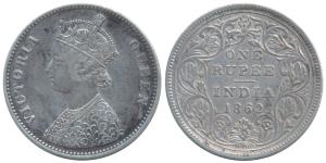 Victoria Queen, Silver Rupee, 1862, Calcutta Mint, Mule, A / II, no crescent/ only ’v’, Ro