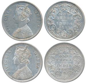 Victoria Queen, Silver Rupee (2), 1862, Calcutta Mint, A / II, plain cone over E of ONE an