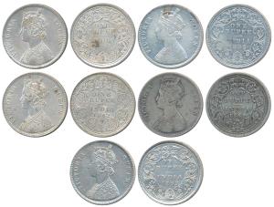 Victoria Queen, Silver Rupee (5), 1862, Calcutta Mint, A / II(a), pineapple cones at four 
