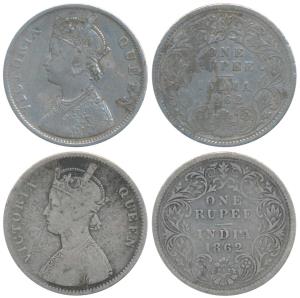 Victoria Queen, Silver Rupee, 1862, (2), Calcutta Mint, B / III, (Prid 60); A / III, witho