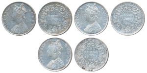 195 203 Victoria Queen, Silver Rupee (3), 1862, Madras Mint, B / II, scroll like floral de
