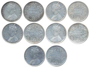 Victoria Queen, Silver Rupee (5), 1862, Madras Mint, B / II, re-engraving of the hair at t