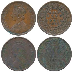 Victoria Queen, Copper ½ Anna, 1875 & 1877, Calcutta Mint, (Prid 583 & 585). Good and Fine