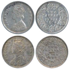 Victoria Queen & Empress, Silver 2 Annas, 1874 & 1884, both Bombay Mint, A / I / No mint m