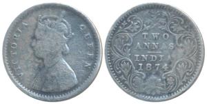 Victoria Queen, Silver 2 Annas, 1874, Bombay Mint, A / I / dot, Unlisted in Pridmore, (SW 