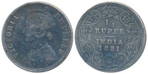 Victoria Empress, Silver ¼ Rupee, 1881, Bombay Mint, A / II / dot, (Prid 410). About Very 