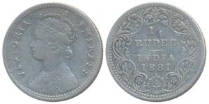 Victoria Empress, Silver ¼ Rupee, 1881, Bombay Mint, C / II dot, Unlisted in Pridmore, (SW