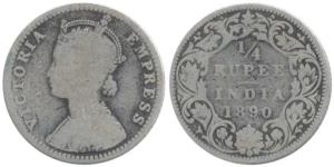 Victoria Empress, Silver ¼ Rupee, 1890, Bombay Mint, C / I / B incuse and a very faint dot