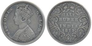 Victoria Queen, Silver ½ Rupee, 1875, Bombay Mint, B1 / II / dot, Unlisted in Pridmore. Ve