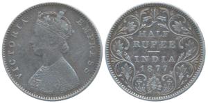 Victoria Empress, Silver ½ Rupee, 1877, Bombay Mint, A / II / dot, (Pridmore hasn’t listed