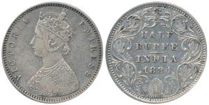 Victoria Empress, Silver ½ Rupee, 1884, Bombay Mint, A / II / no dot, (Prid 293). About Ve