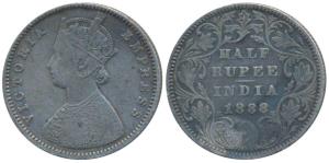 Victoria Empress, Silver ½ Rupee, 1888, Bombay Mint, A / II / No mint mark, (Prid 297). Ab