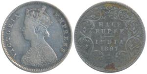 Victoria Empress, Silver ½ Rupee, 1897, Bombay Mint, A / I / B incuse, (Prid 305). About V