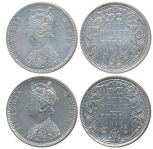 Victoria Queen, Silver Rupee, 1874, Bombay Mint, A2 / II / No mint mark, (Prid 142); C1 / 
