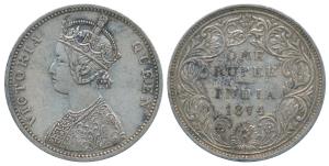 Victoria Queen, Silver Rupee, 1874, Bombay Mint, A2 / II / No mint mark, (Prid 142). Very 