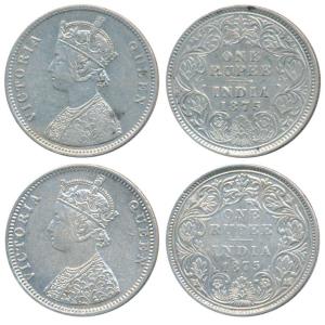 Victoria Queen, Silver Rupee (2), 1875, Calcutta Mint, A1 / I / No mint mark, (Prid 113); 