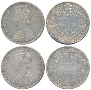 Victoria Queen, Silver Rupee, 1876, Bombay Mint, A2 / II / dot, (Prid 147); A5 / II / dot,