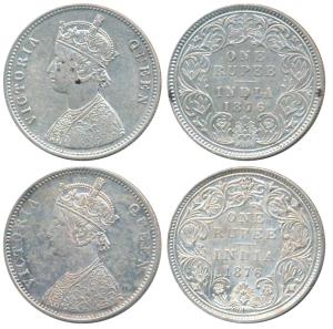 Victoria Queen, Silver Rupee (2), 1876, Calcutta Mint, A1 / I / No mint mark, (Prid 114); 