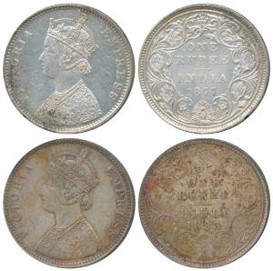 Victoria Empress, Silver Rupee, 1877, Bombay Mint, A2 / II / dot, (Prid 149); 1883, Calcut