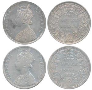 Victoria Empress, Silver Rupee, 1877, Bombay Mint, A2 / II / dot, (Prid 149); 1885, Bombay