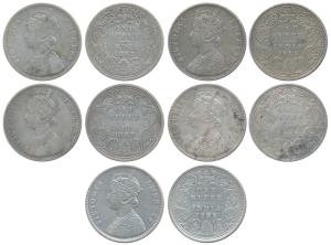 Victoria Empress, Silver Rupee, 1883, set of 5 different types, Calcutta Mint, A1 / I / C 