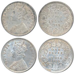Victoria Empress, Silver Rupee (2), 1885, Calcutta Mint, A1 / I / C incuse, (Prid 124); Bo