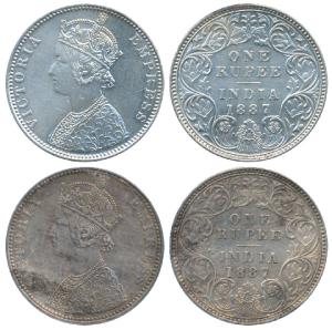Victoria Empress, Silver Rupee, 1887, Bombay Mint, C2 / I / B raised & C2 / I / B incuse, 