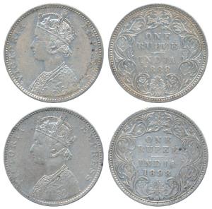 Victoria Empress, Silver Rupee, 1888, C2 / I / B raised, 1898, C2 / I / B incuse, both Bom