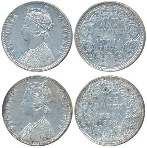 Victoria Empress, Silver Rupee (2), 1889, Calcutta Mint, C3 / I / C incuse, (Prid 130); Bo