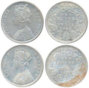 Victoria Empress, Silver Rupee (2), 1889, Calcutta Mint, C3 / I / C incuse, (Prid 130); Bo