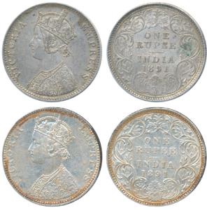 Victoria Empress, Silver Rupee (2), 1891, Calcutta Mint, C3 / I / C incuse, (Prid 132) Bom