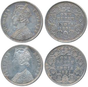 Victoria Empress, Silver Rupee (2), 1891, Calcutta Mint, C3 / I / C incuse, (Prid 132) Bom