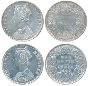 Victoria Empress, Silver Rupee (2), 1893, Calcutta Mint, C3 / I / C incuse, (Prid 133); Bo