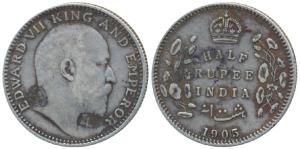 Edward VII, Silver ½ Rupee, 1905, Calcutta Mint, No mint mark, (Prid 309). Very Fine.