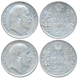 Edward VII, Silver Rupee, 1908, Bombay Mint, B incuse with dot on the vine and 8 over 7 in