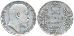 Edward VII, Silver Rupee, 1910, Bombay Mint, B incuse with dot on the vine and 10 over 09 