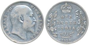 Edward VII, Silver Rupee, 1910, Bombay Mint, B incuse with dot on the vine and 10 over 08 