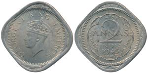 George VI, Cupro-Nickel 2 Annas, 1946, Calcutta Mint, 2nd head, Obv die of 1944 paired wit