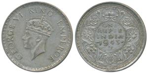 George VI, Half Silver Rupee, 1943, Bombay Mint, A / Ia, Large Head and Small 3 in date, (