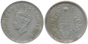 George VI, Half Silver Rupee, 1943, Bombay Mint, A / II, Large Head with Large 3 in date, 