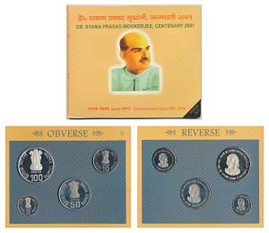 2001 Proof Set, Dr.Syama Prasad Mookerjee, set of 4, Rupees 2, 10, 50 and 100, Kolkata Min