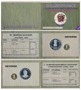 2010 Proof Set, C. Subramaniam Birth Centenary, set of 2, Rupees 5 and 100. In immaculate 