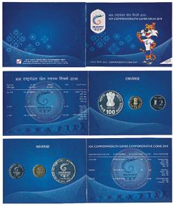 2010 Uncirculated Set, XIX Commonwealth Games Delhi, set of 3, Rupees 2 to Rupees 100. In 